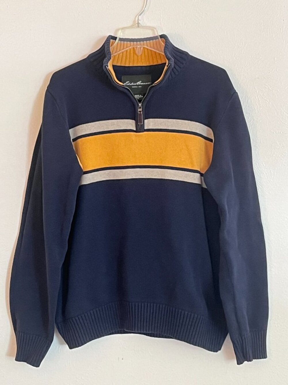Eddie Bauer Men's 100% Cotton Blue Striped Quarter Zip Knit Sweater XLT Preppy